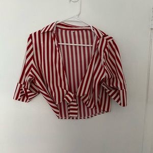 Red and white striped crop tie top